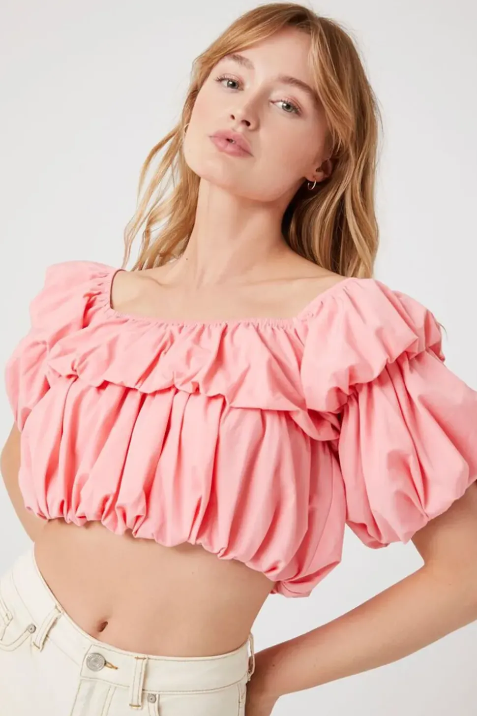 Tiered Puff-Sleeve Crop Top