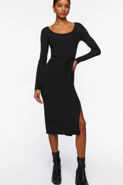 Tie-Waist Slit Midi Dress