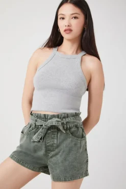 Tie-Waist Twill Paperbag Shorts