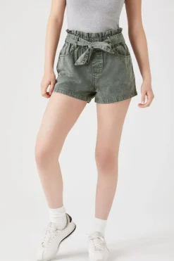 Tie-Waist Twill Paperbag Shorts
