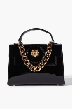 Tiger-Embellished Faux Patent Leather Satchel