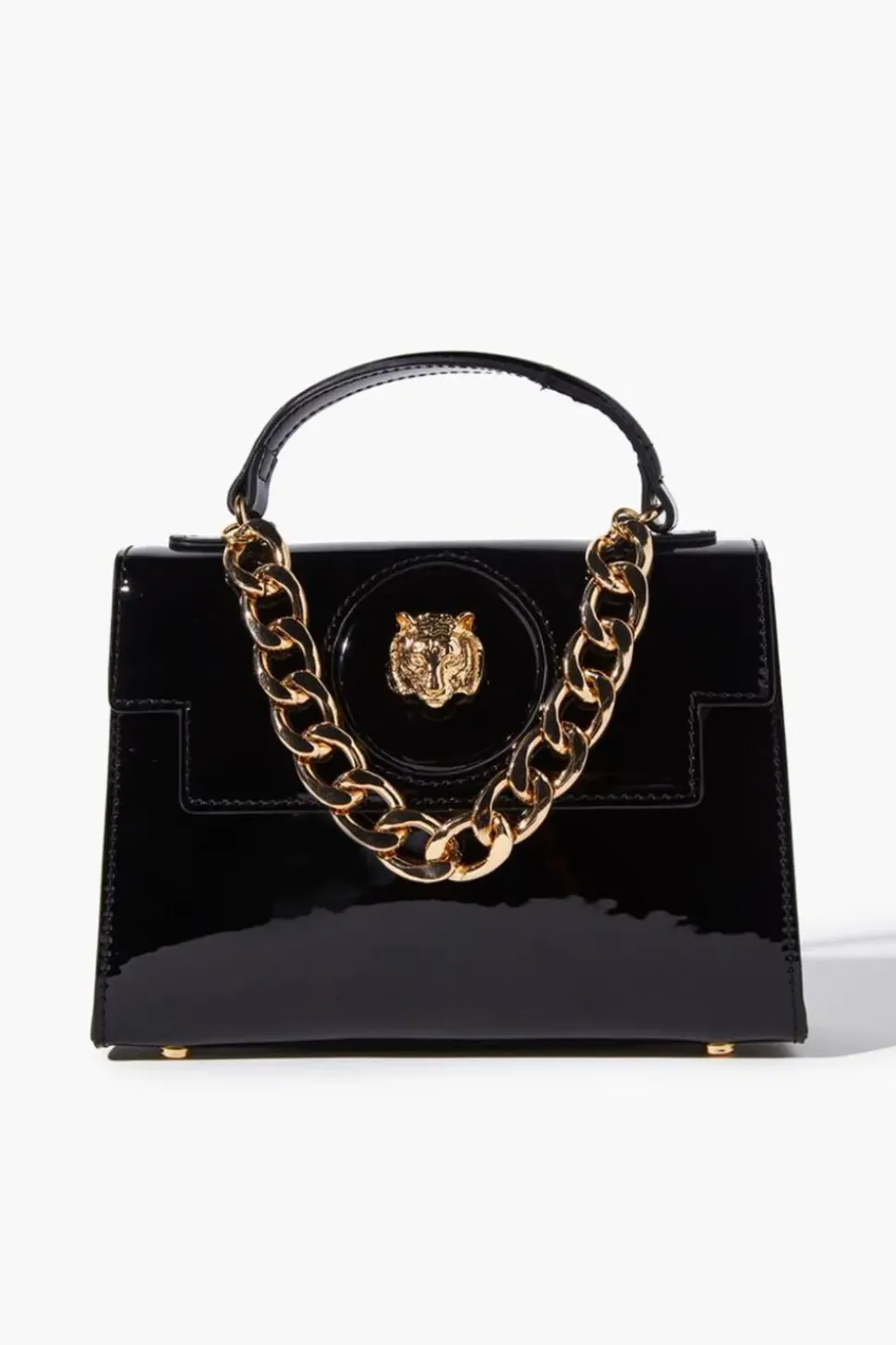 Tiger-Embellished Faux Patent Leather Satchel