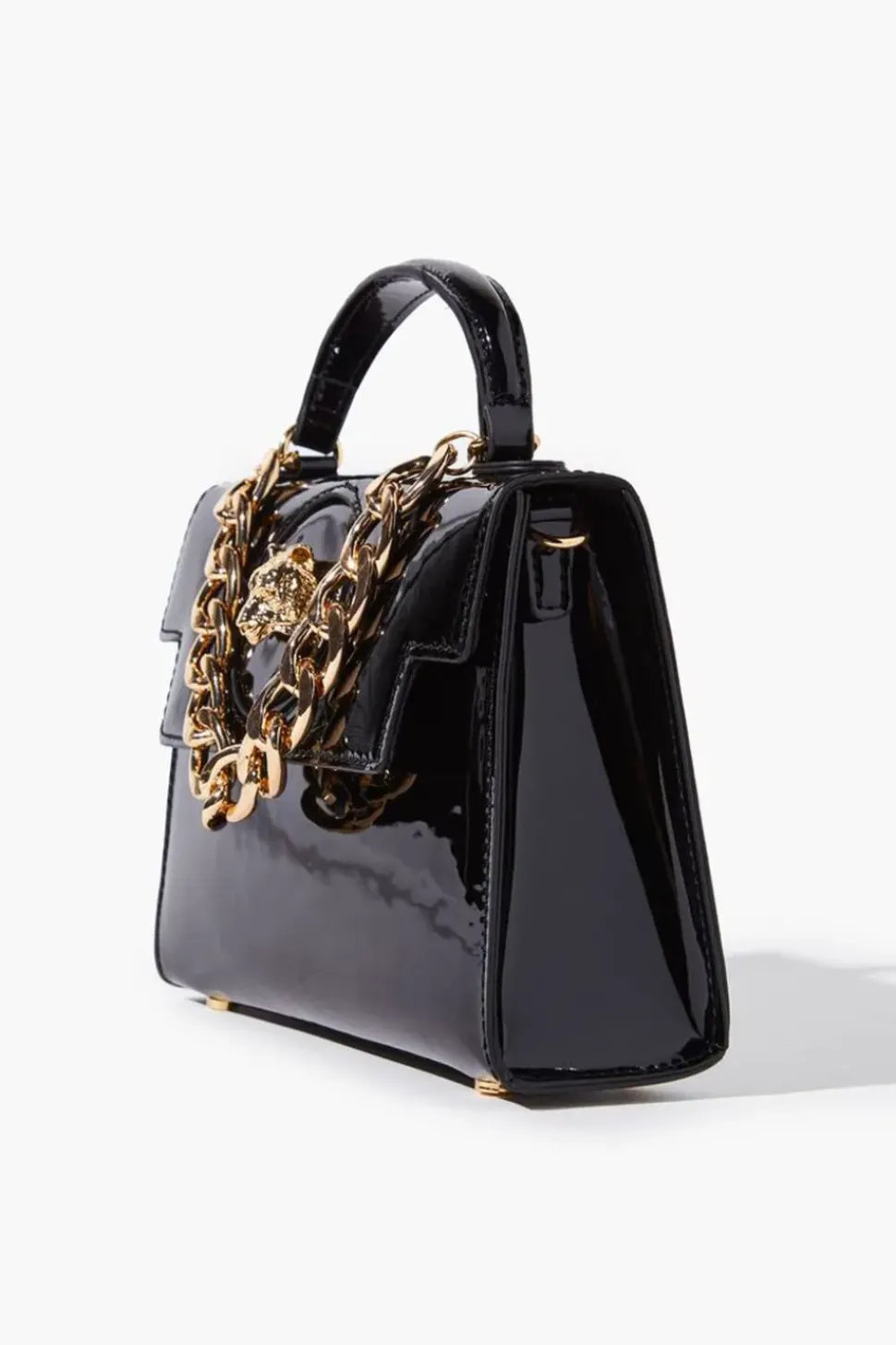 Tiger-Embellished Faux Patent Leather Satchel