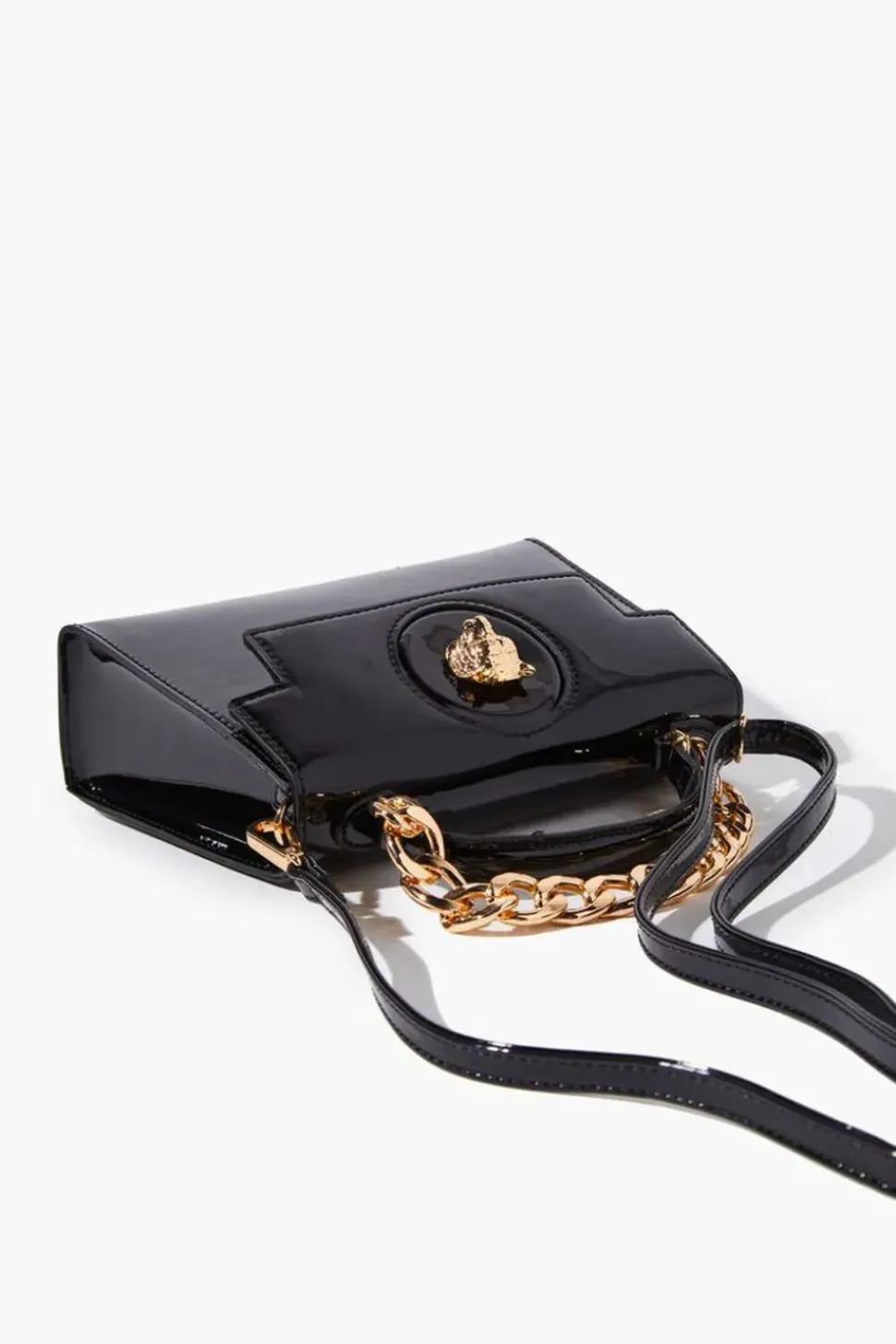 Tiger-Embellished Faux Patent Leather Satchel