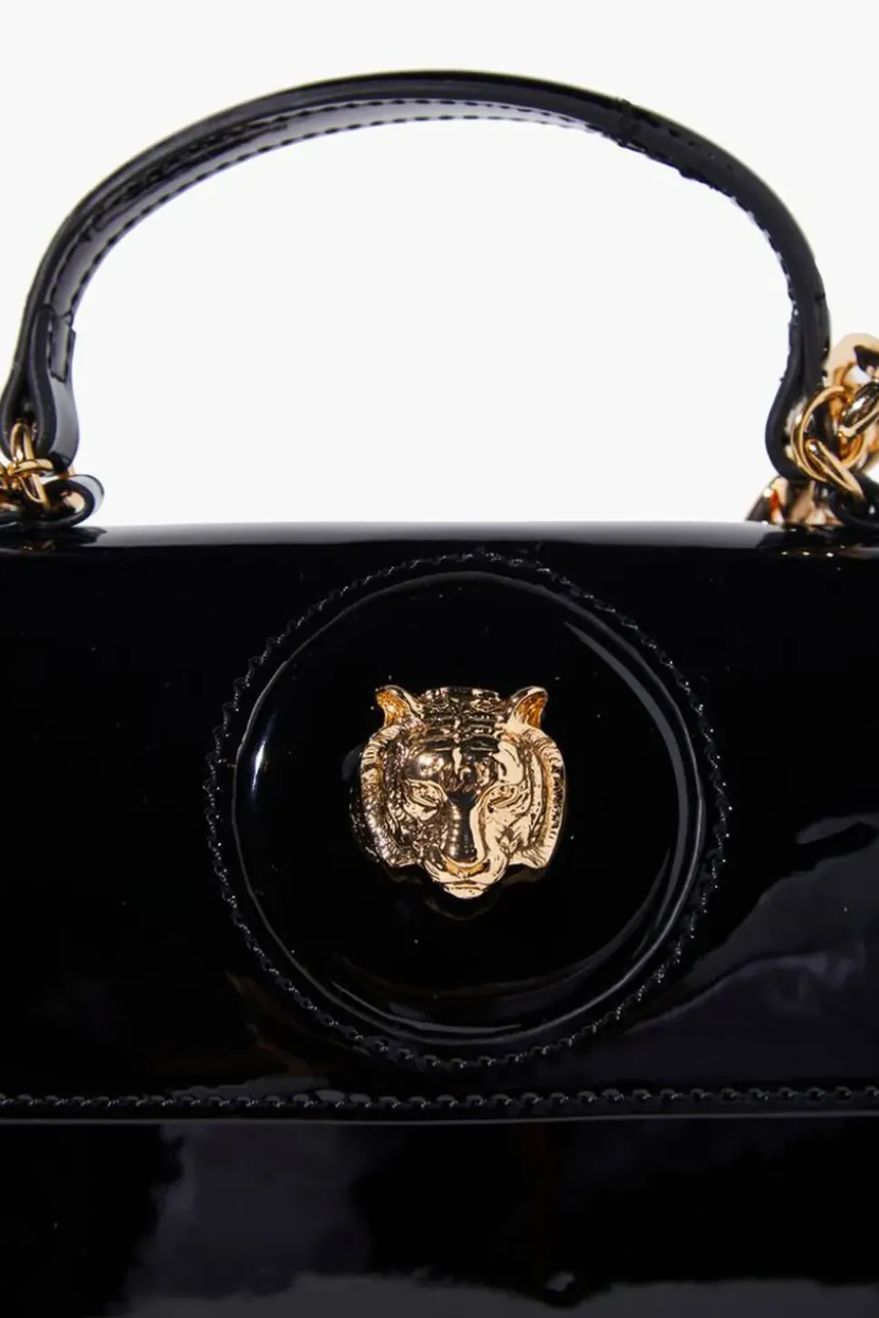 Tiger-Embellished Faux Patent Leather Satchel