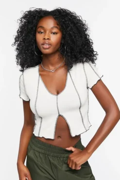 Topstitched Split-Hem Crop Top