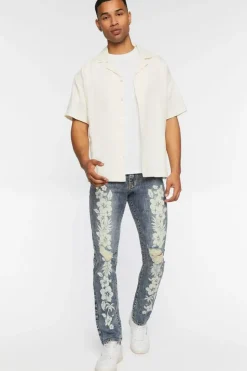 Tropical Floral Distressed Slim-Fit Jeans