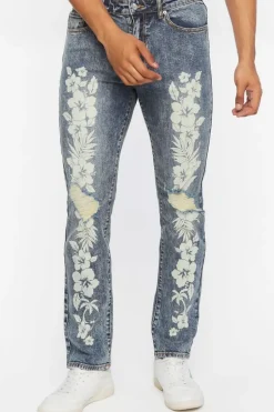 Tropical Floral Distressed Slim-Fit Jeans