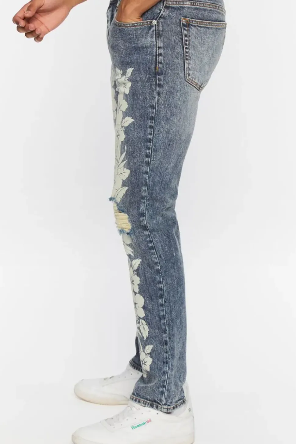 Tropical Floral Distressed Slim-Fit Jeans