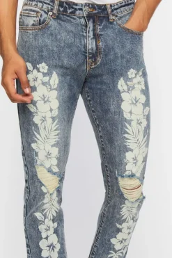 Tropical Floral Distressed Slim-Fit Jeans