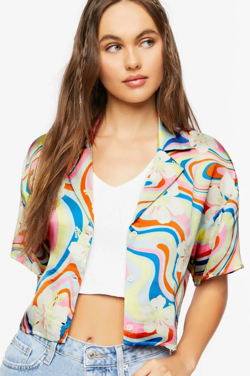 Tropical Floral Print Cropped Shirt