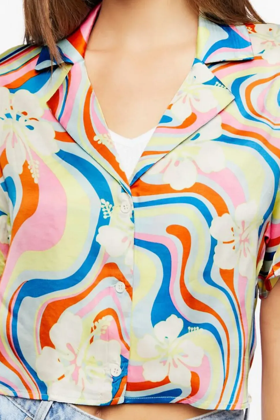 Tropical Floral Print Cropped Shirt