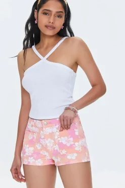 Tropical Floral Print Denim Shorts