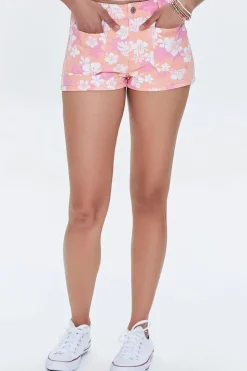 Tropical Floral Print Denim Shorts