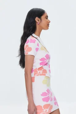 Tropical Floral Short-Sleeve Cardigan Sweater