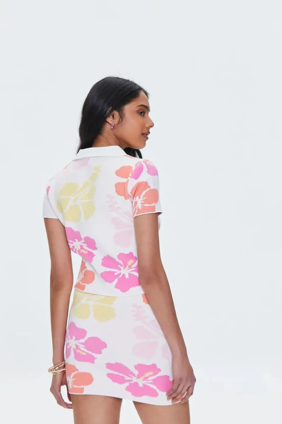 Tropical Floral Short-Sleeve Cardigan Sweater