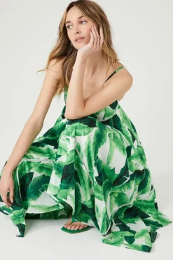 Tropical Leaf Handkerchief Midi Dress