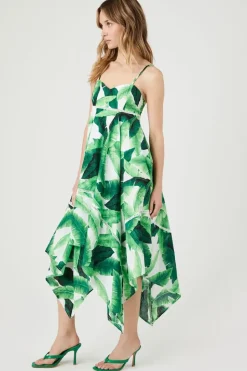 Tropical Leaf Handkerchief Midi Dress