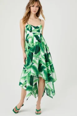 Tropical Leaf Handkerchief Midi Dress
