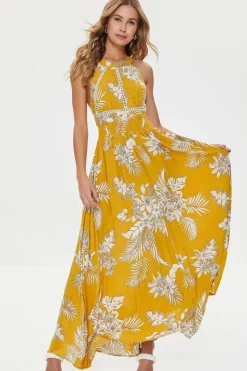 Tropical Leaf Print Maxi Dress