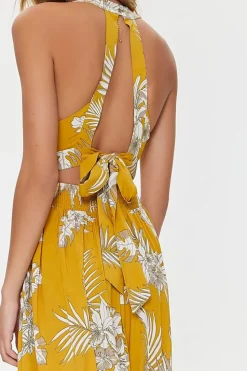Tropical Leaf Print Maxi Dress