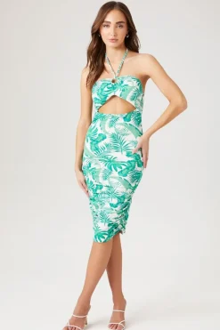 Tropical Print Cutout Halter Dress