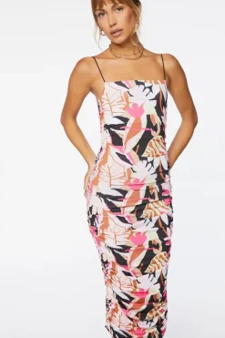 Tropical Print Ruched Midi Dress