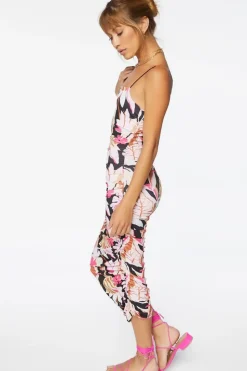 Tropical Print Ruched Midi Dress