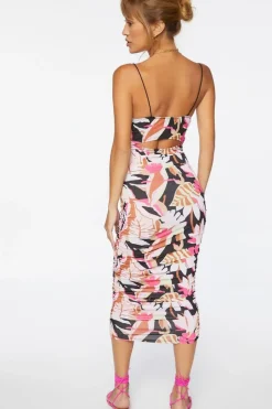 Tropical Print Ruched Midi Dress