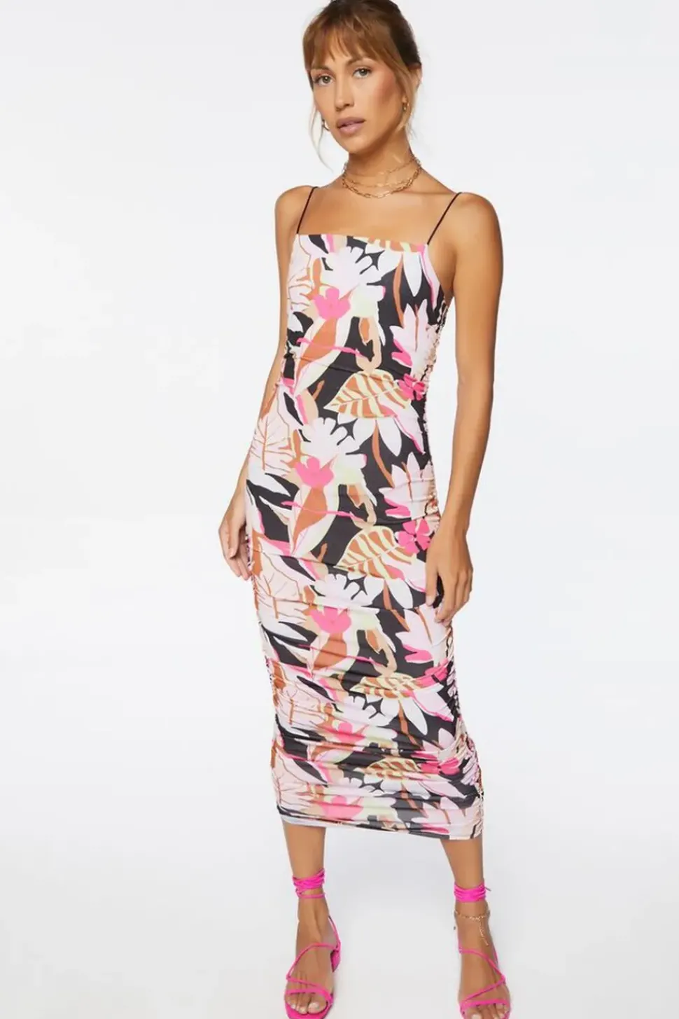 Tropical Print Ruched Midi Dress