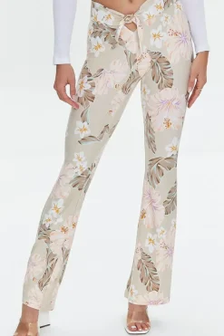 Tropical Print Self-Tie Flare Pants