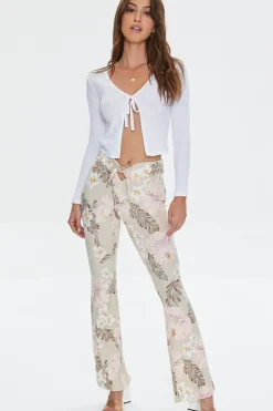 Tropical Print Self-Tie Flare Pants