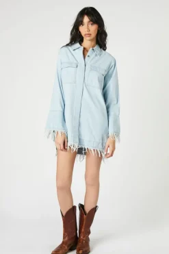 Trumpet-Sleeve Denim Mini Dress