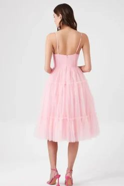 Tulle Ruffled Bustier Midi Dress