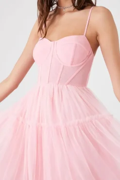 Tulle Ruffled Bustier Midi Dress