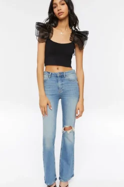 Tulle-Sleeve Crop Top