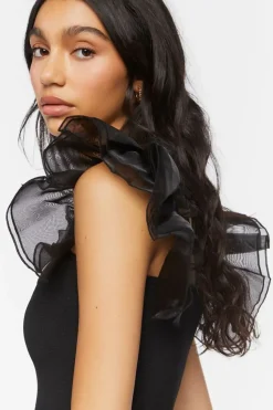 Tulle-Sleeve Crop Top