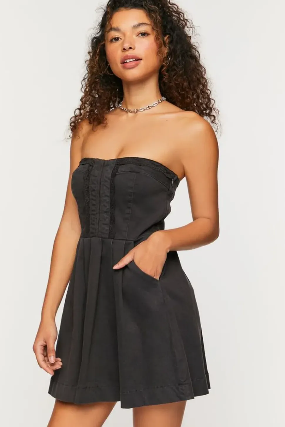Twill Crochet-Trim Strapless Mini Dress