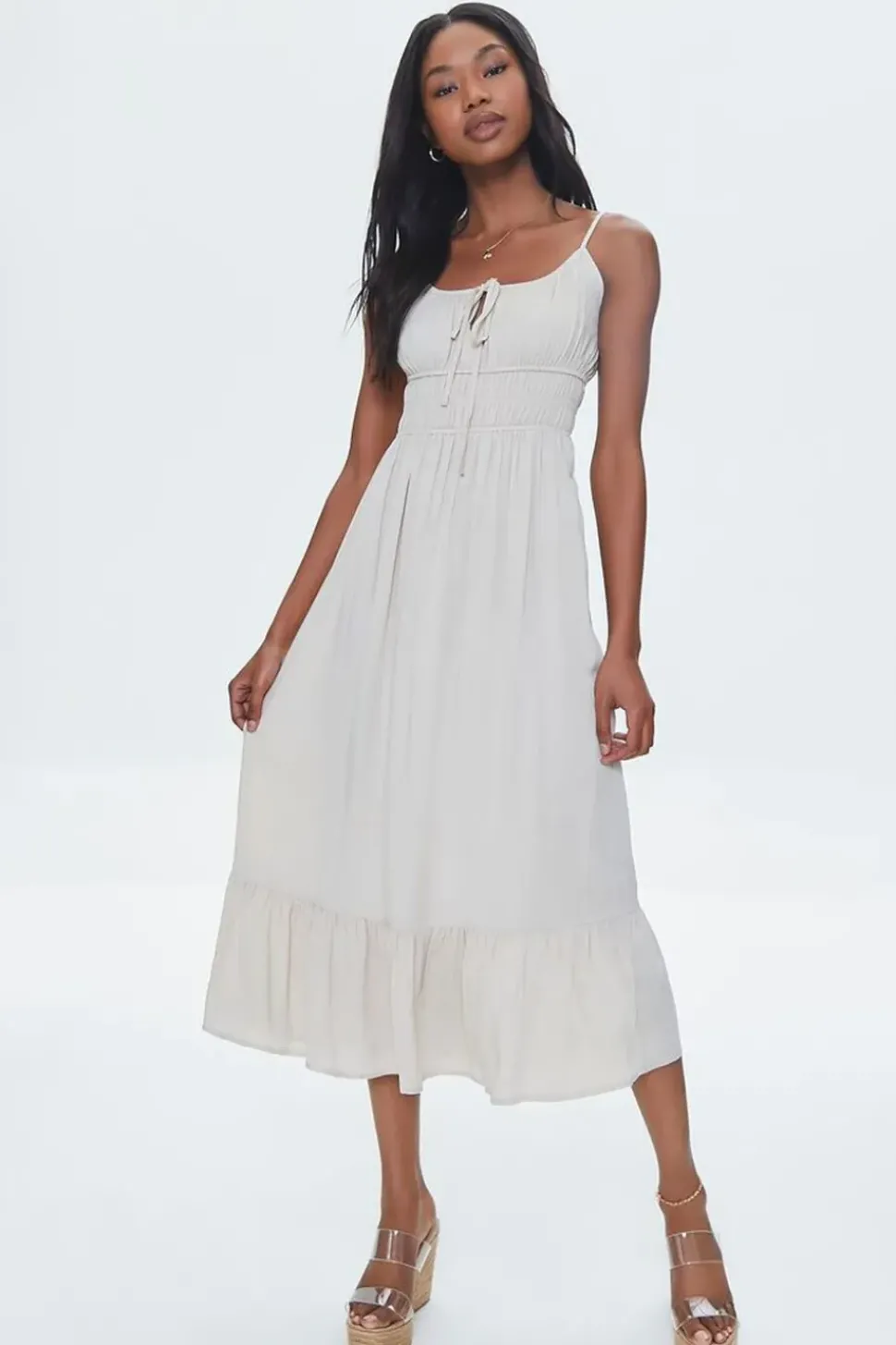 Twill Ruffled Cami Midi Dress