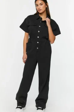 Twill Straight-Leg Shirt Jumpsuit