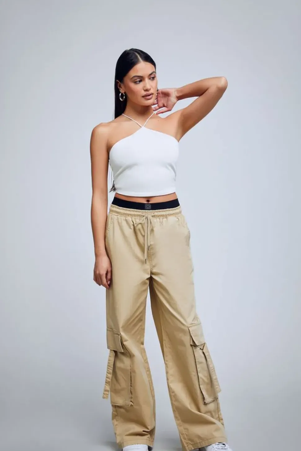 Twill Wide-Leg Cargo Pants
