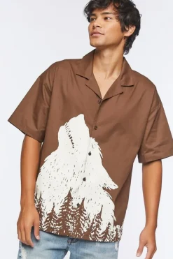 Twill Wolf Graphic Button-Front Shirt