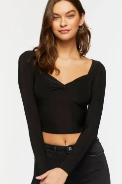 Twist-Front Long-Sleeve Crop Top