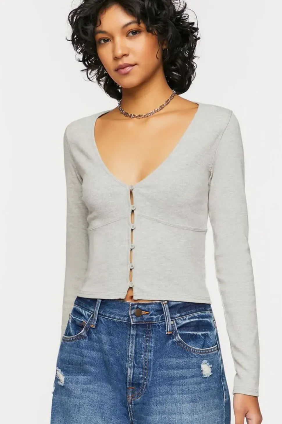 V-Neck Button-Front Crop Top