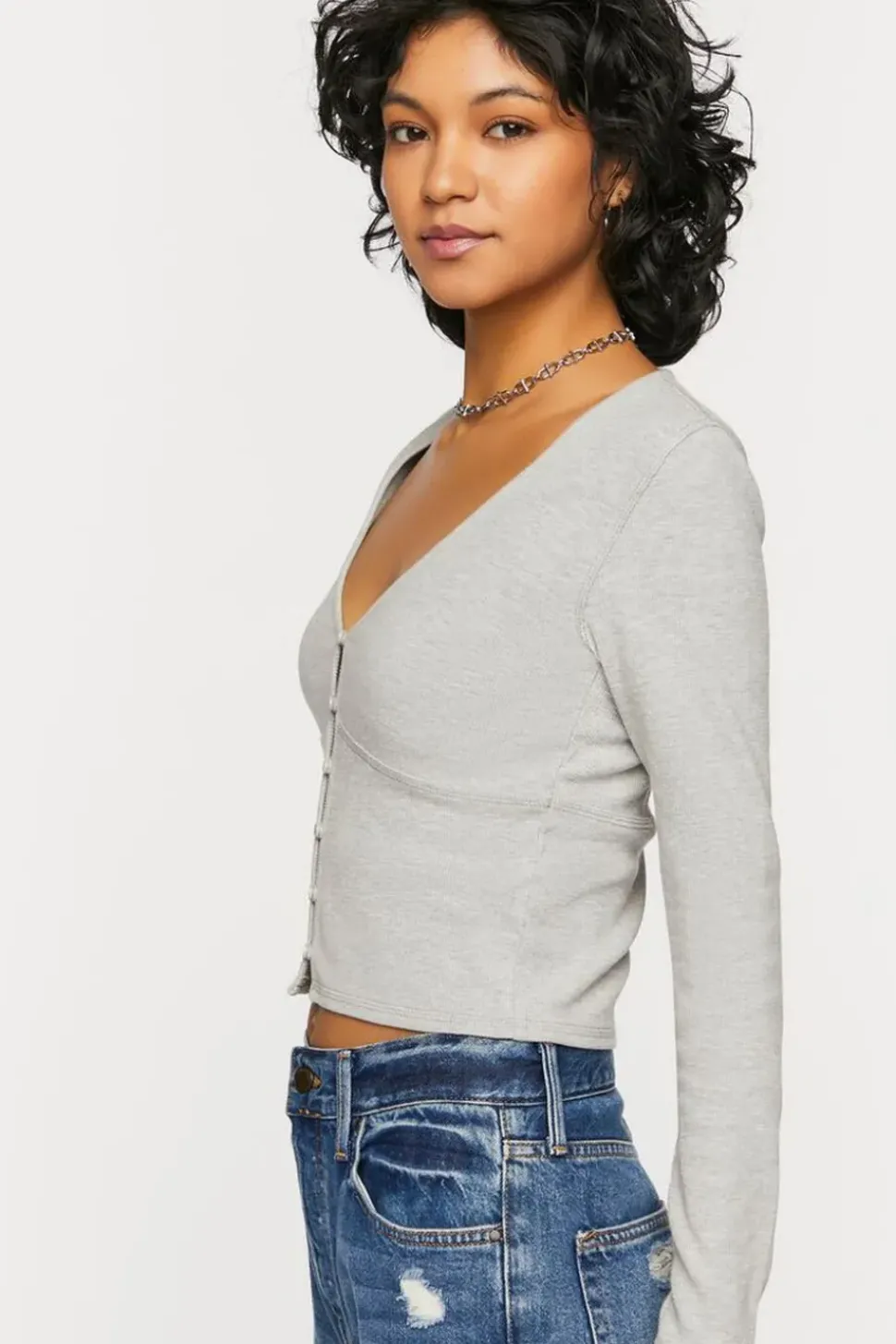 V-Neck Button-Front Crop Top