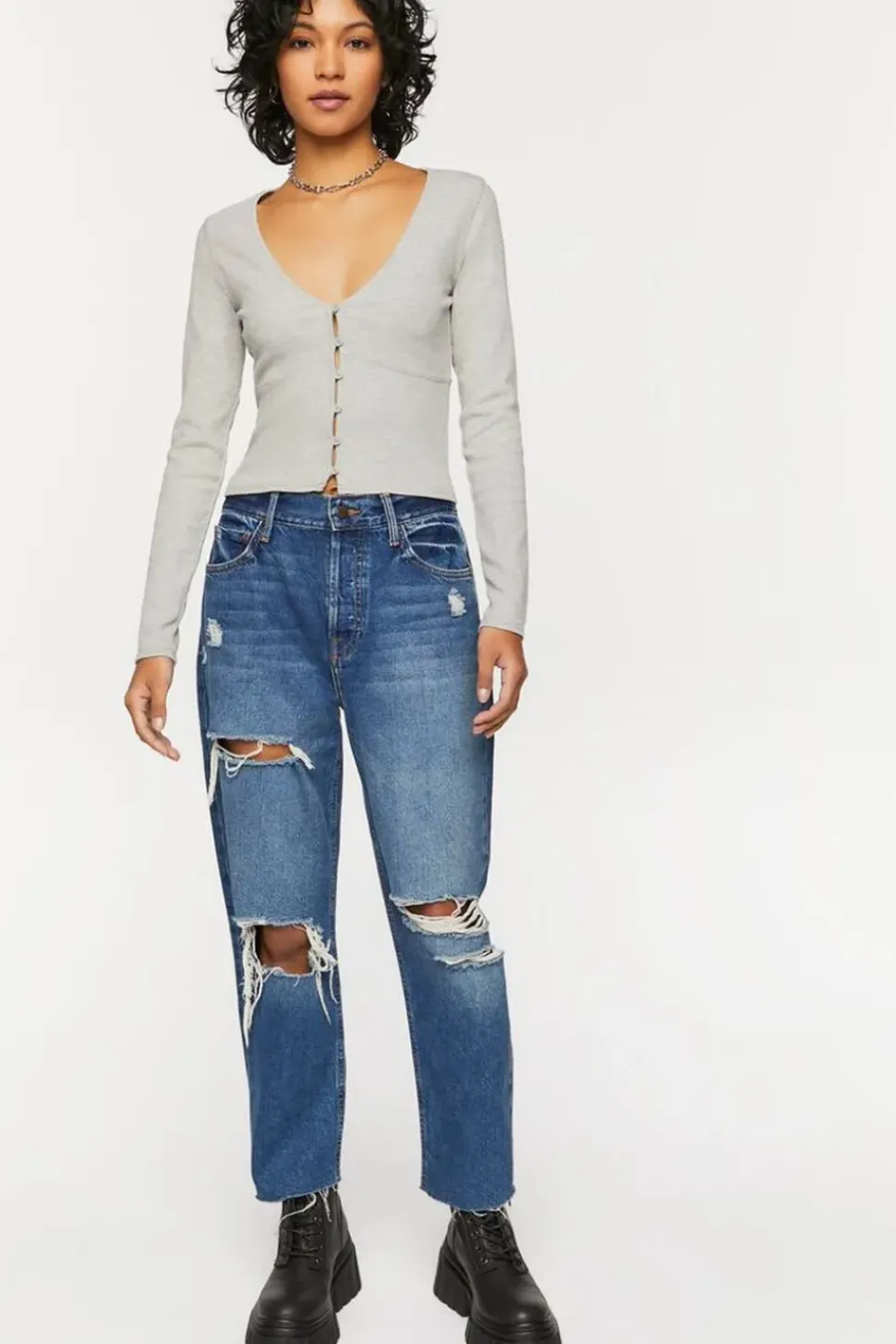 V-Neck Button-Front Crop Top