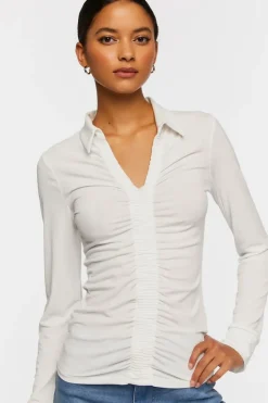 V-Neck Shirred Long-Sleeve Shirt