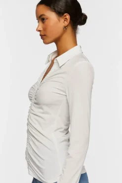 V-Neck Shirred Long-Sleeve Shirt