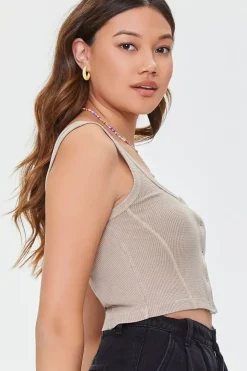 Waffle Knit Button-Front Crop Top