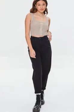 Waffle Knit Button-Front Crop Top